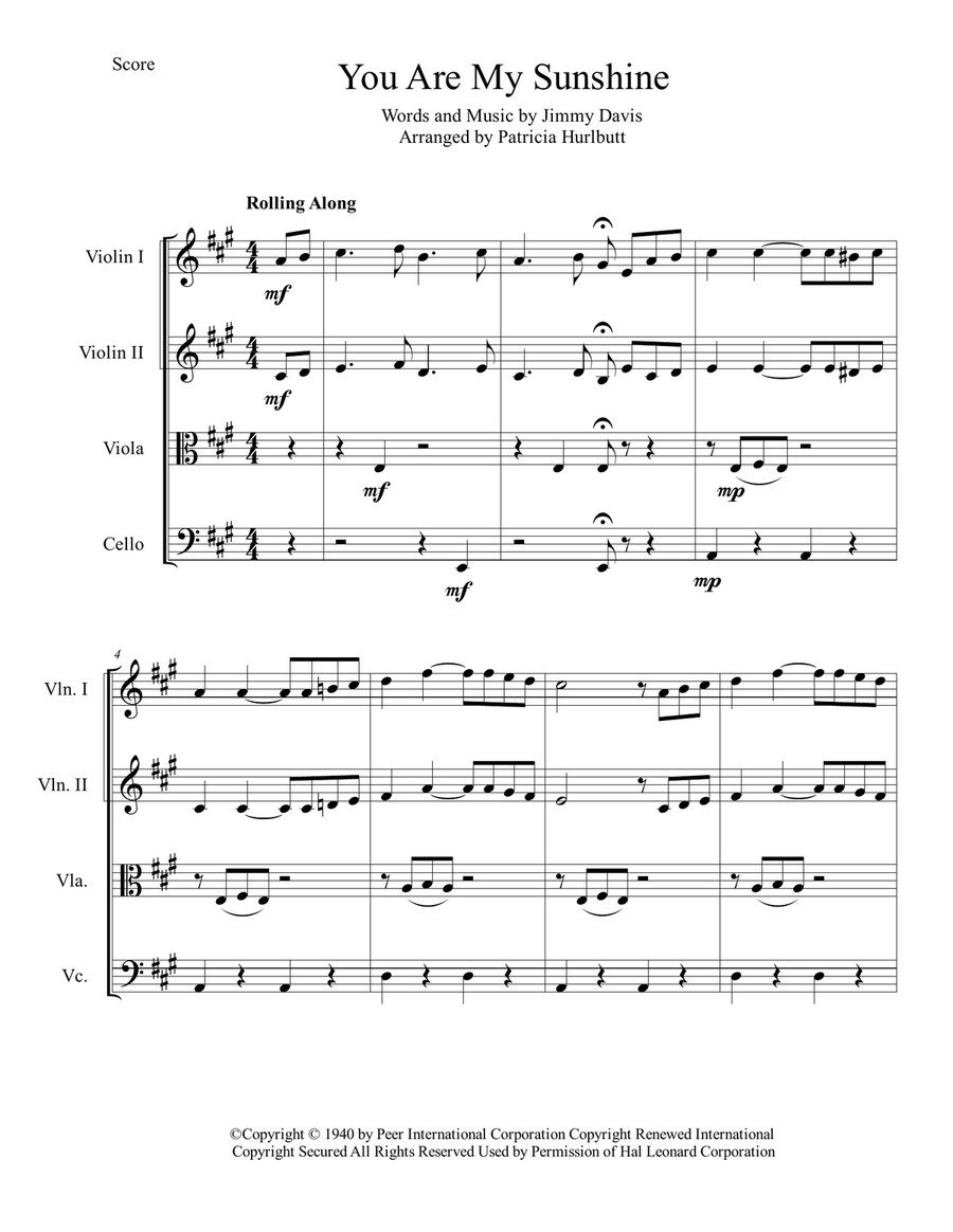 You Are My Sunshine String Quartet scores gallery preview page 1