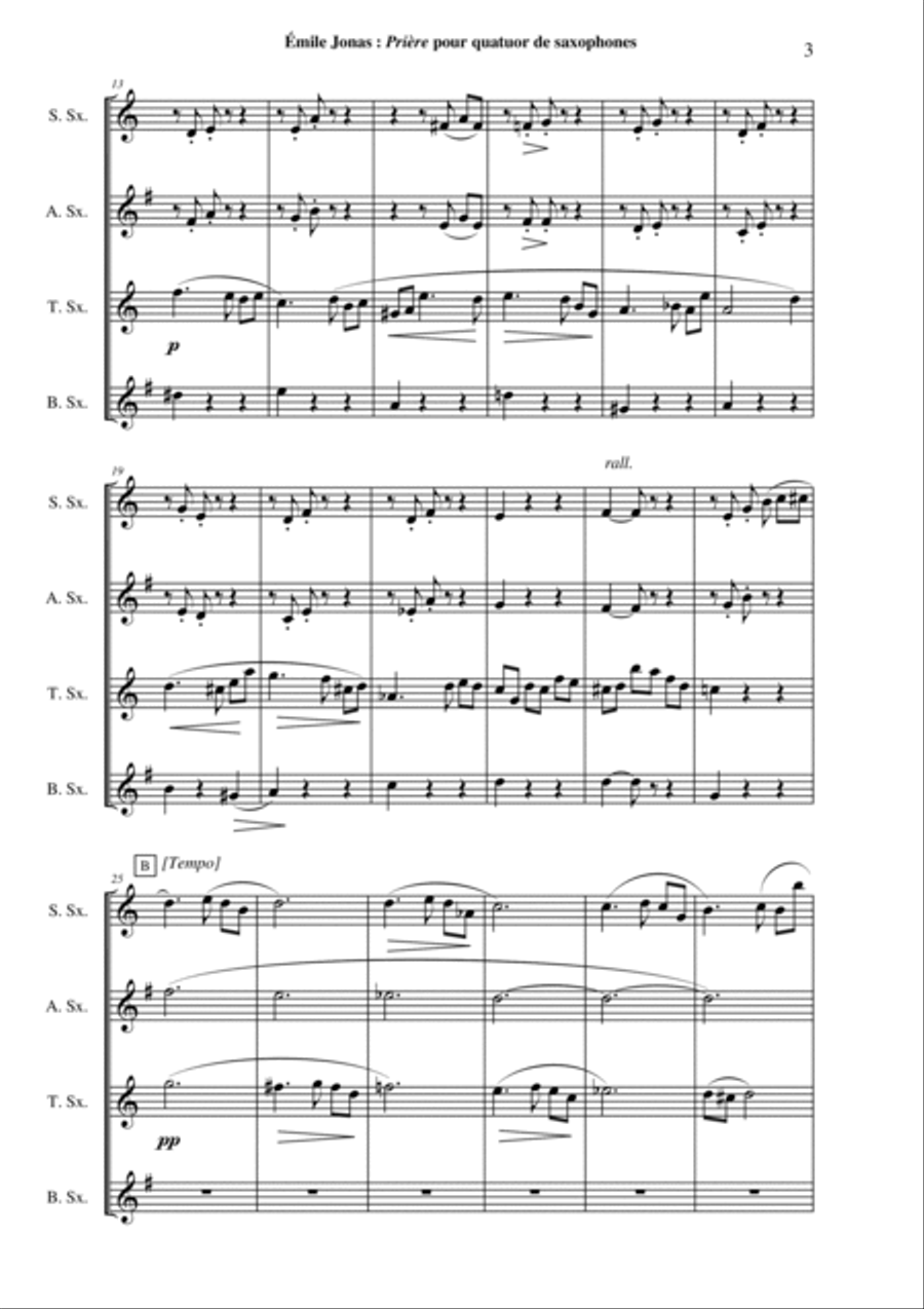 Emile Jonas: Prière for SATB saxophone quartet