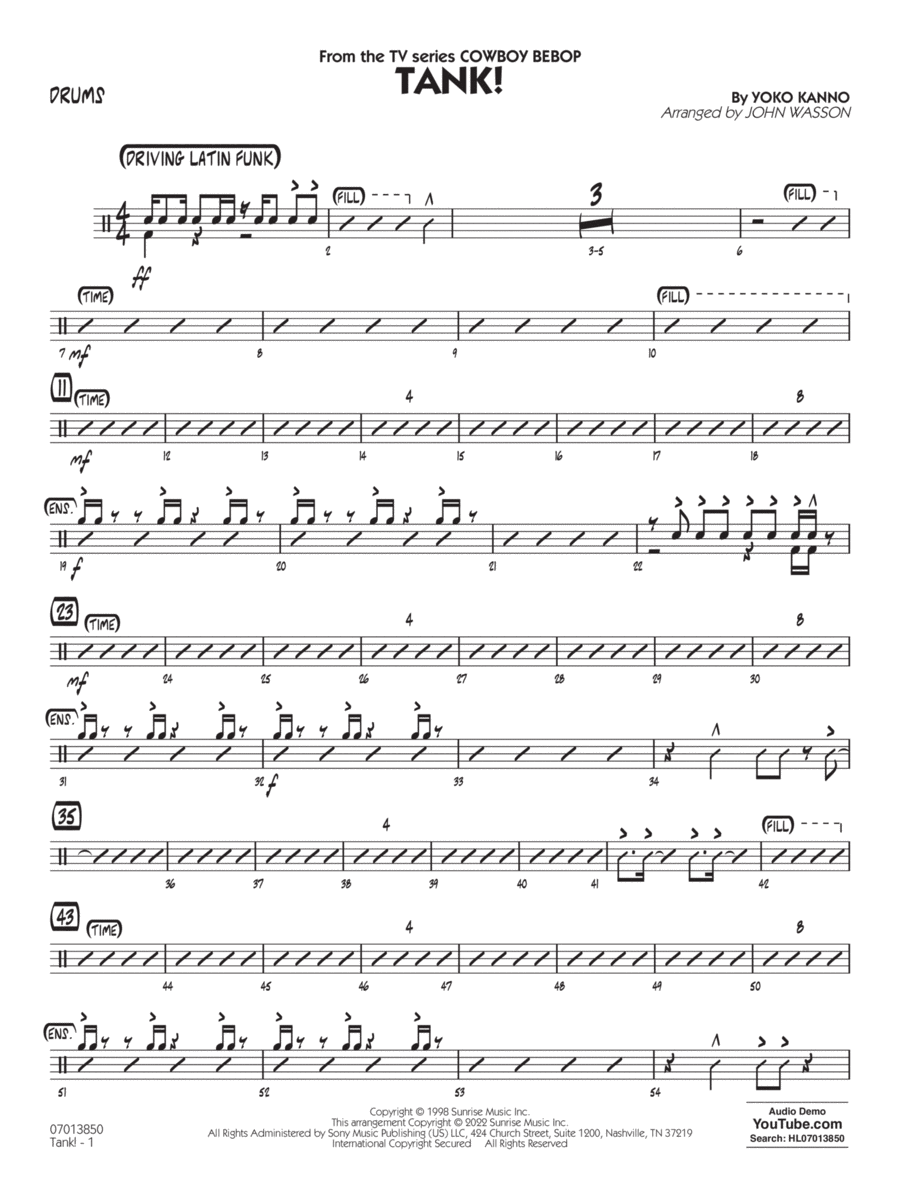 Tank! (from Cowboy Bebop) (arr. John Wasson) - Drums Jazz Ensemble scores gallery preview page 1