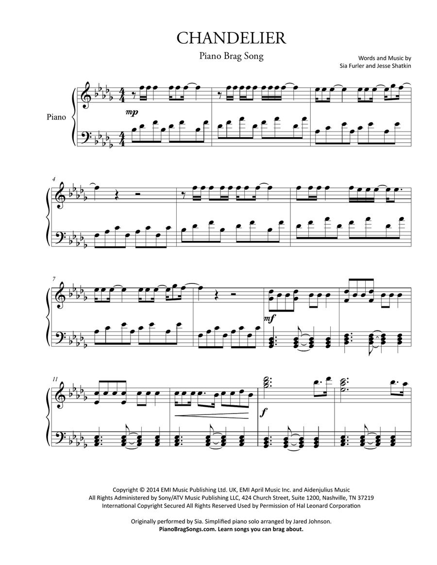 Chandelier Easy Piano scores gallery preview page 2