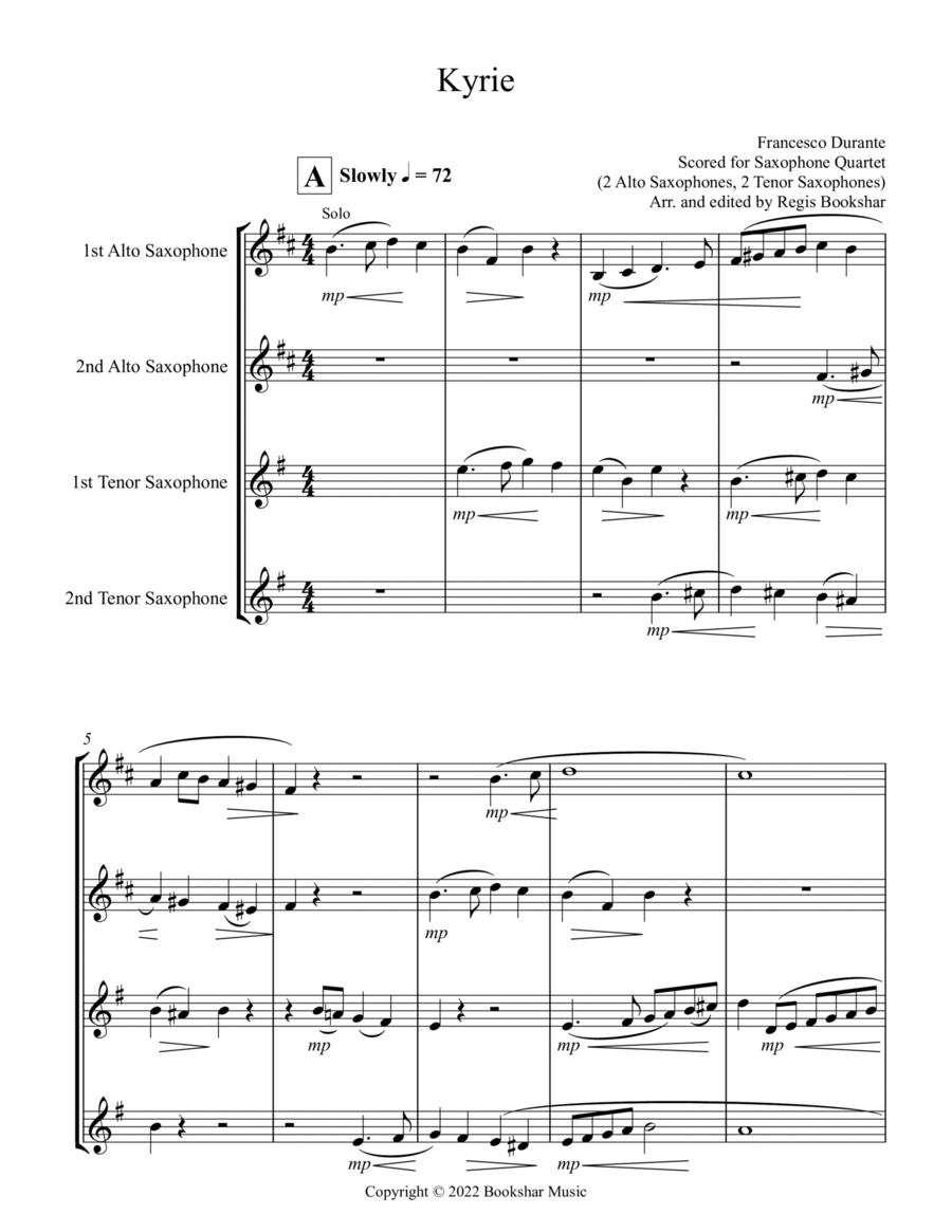 Kyrie (Durante) (Saxophone Quartet - 2 Alto, 2 Tenor) Saxophone Quartet scores gallery preview page 1