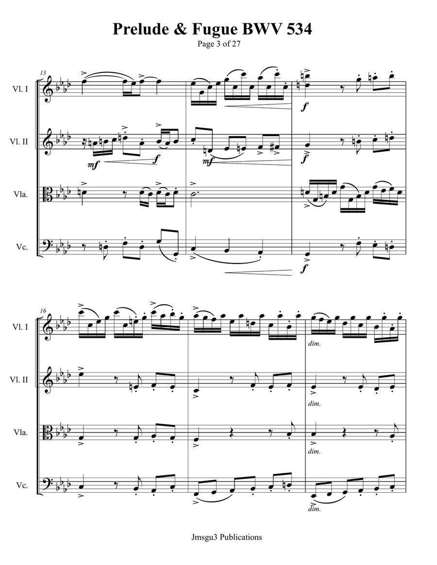 Bach: Prelude & Fugue in F Minor BWV 534 for String Quartet String Quartet scores gallery preview page 3