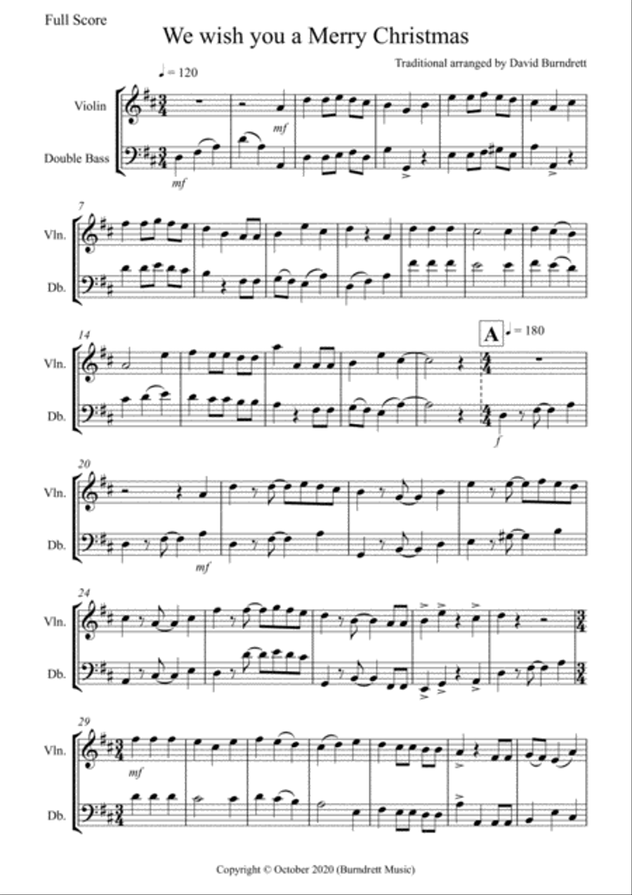 We Wish You a Merry Christmas for Violin and Double Bass Duet String Duet scores gallery preview page 1