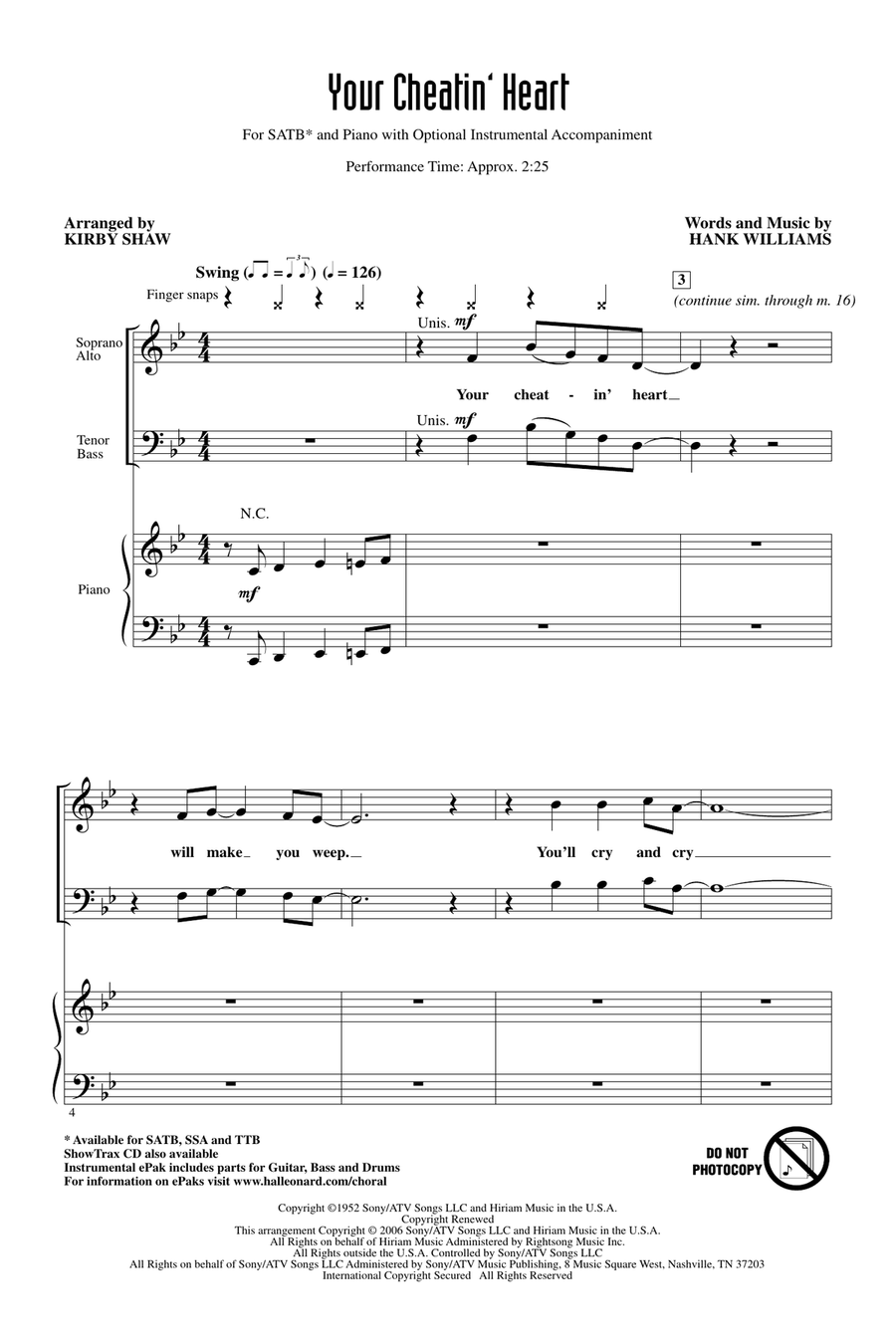 Your Cheatin' Heart Your Cheatin' Heart 4-Part scores gallery preview page 1