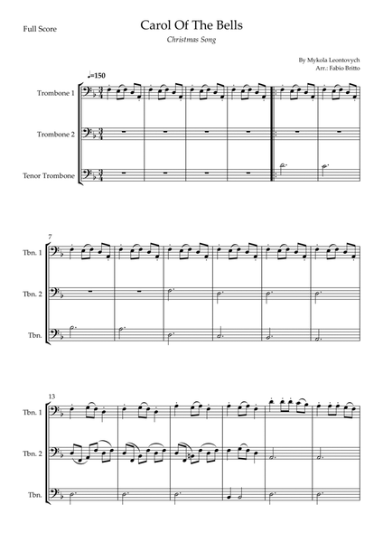 Carol Of The Bells (Christmas Song) for Trombone Trio (D Minor) image number null