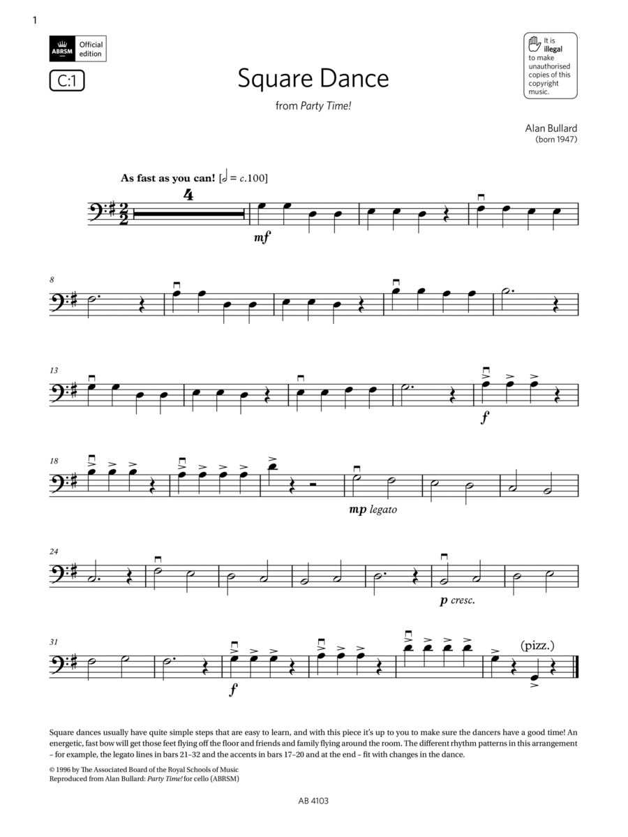Square Dance (Grade Initial, C1, from the ABRSM Cello Syllabus from 2024) Cello Solo scores gallery preview page 1
