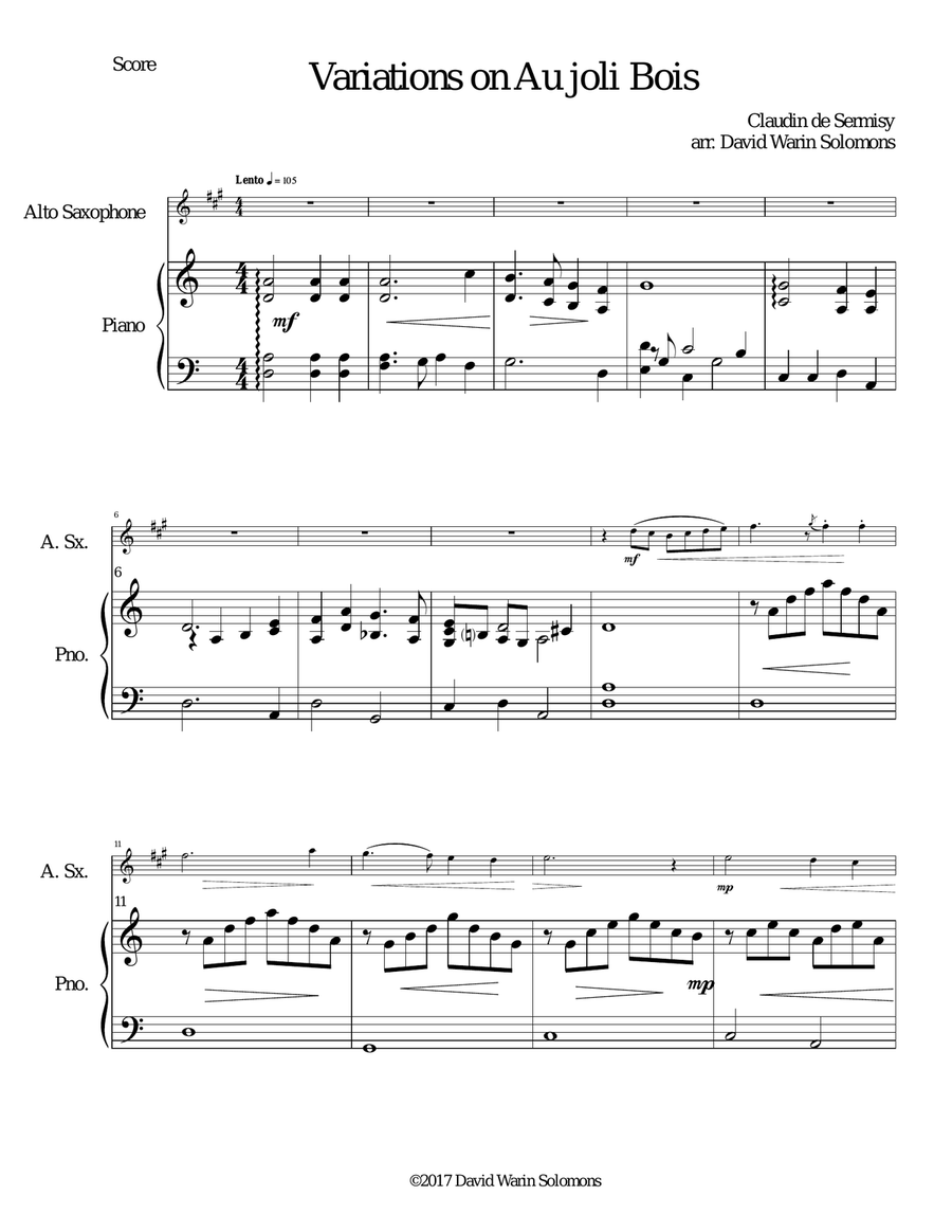 Variations on au Joli Bois for alto saxophone and piano Alto Saxophone scores gallery preview page 1