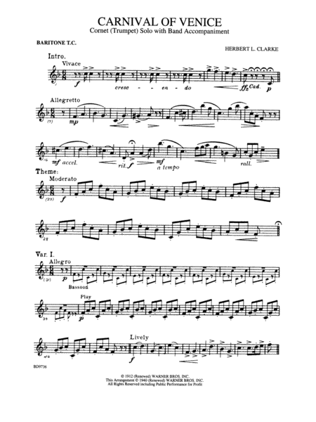 Carnival of Venice (Cornet (Trumpet) Solo with Band Accompaniment): Baritone T.C.