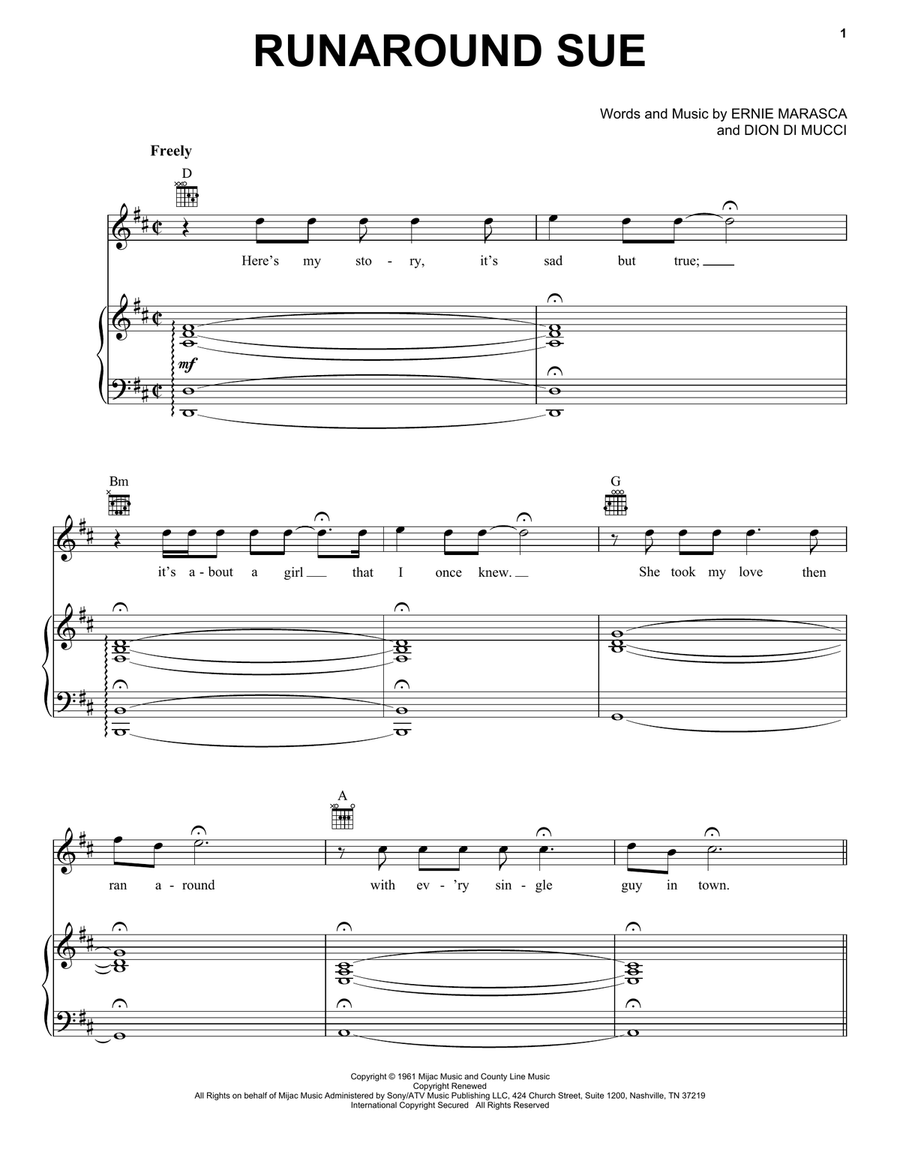 Runaround Sue Piano, Vocal, Guitar scores gallery preview page 1