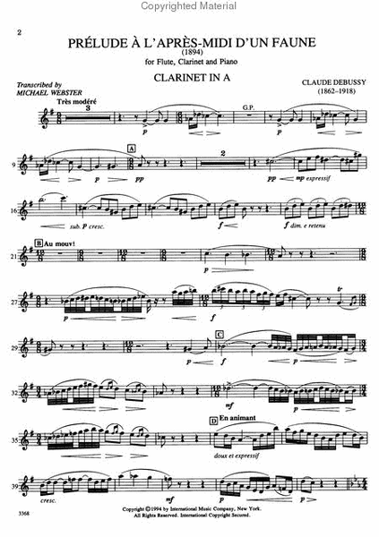 Prelude l'apres midi d'un faune (Prelude to 'Afternoon of a Faun') for Flute, Clarinet & Piano)