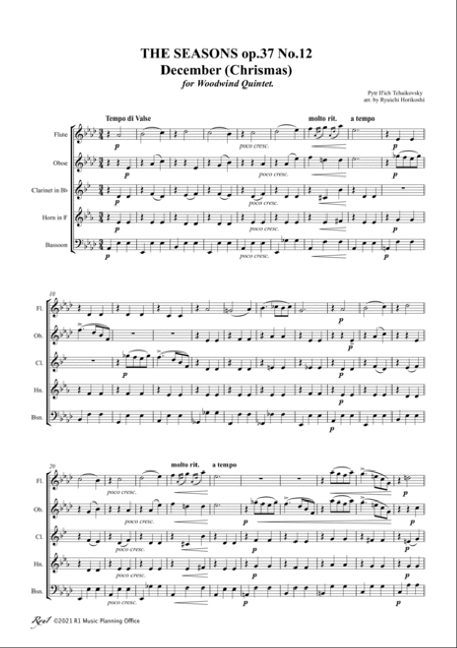 チャイコフスキー: THE SEASONS op.37 No.12 December (Chrismas) Woodwind Quintet scores gallery preview page 3