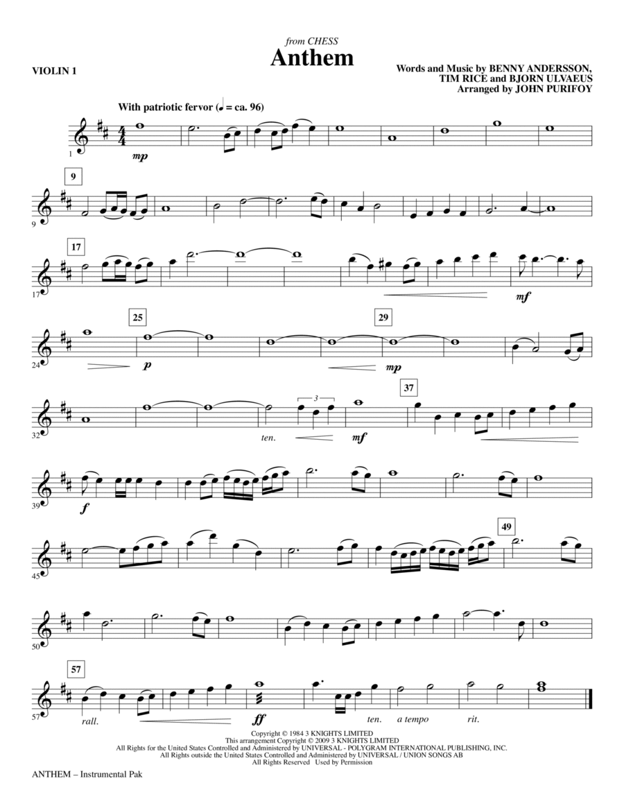 Anthem (from Chess) - Violin 1