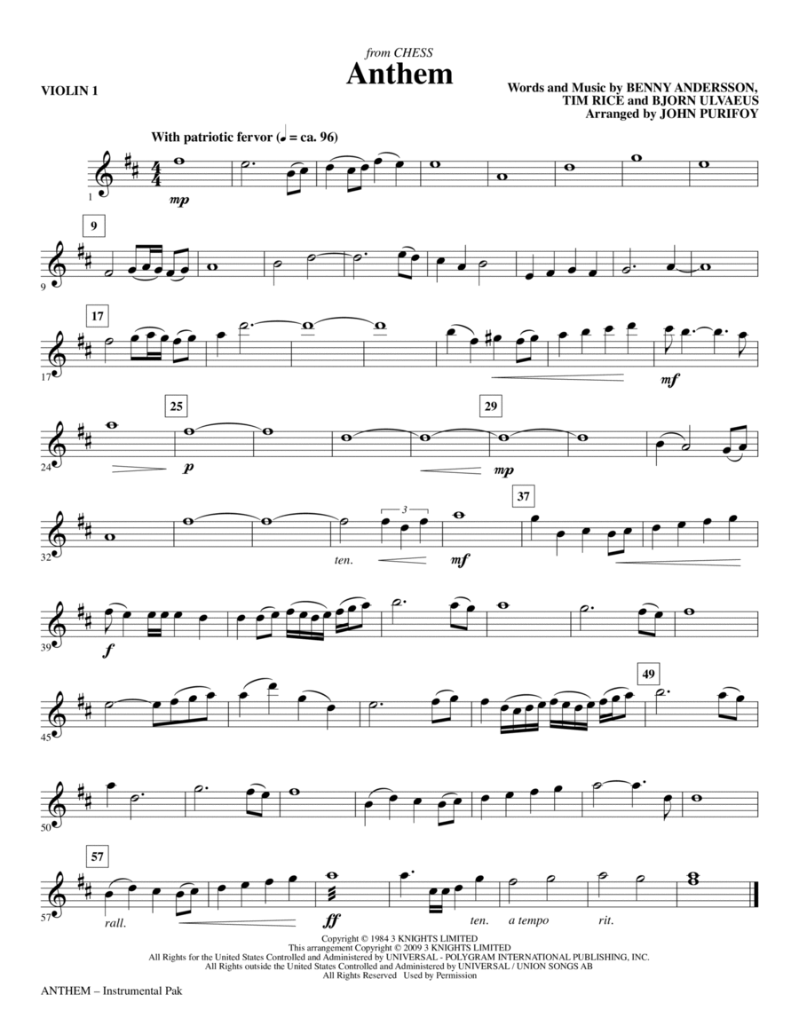 Anthem (from Chess) - Violin 1 Choir scores gallery preview page 1