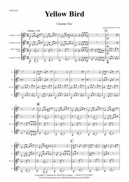Yellow Bird - Haitian Folk Song - Calypso - Clarinet Trio image number null