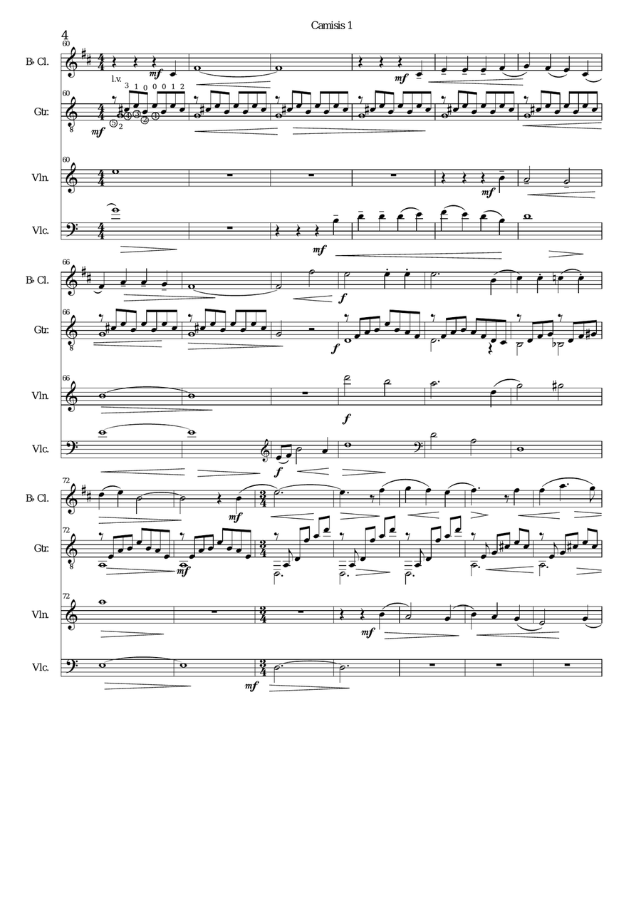 Camisis 1 for clarinet, viola, cello and guitar Small Ensemble scores gallery preview page 4