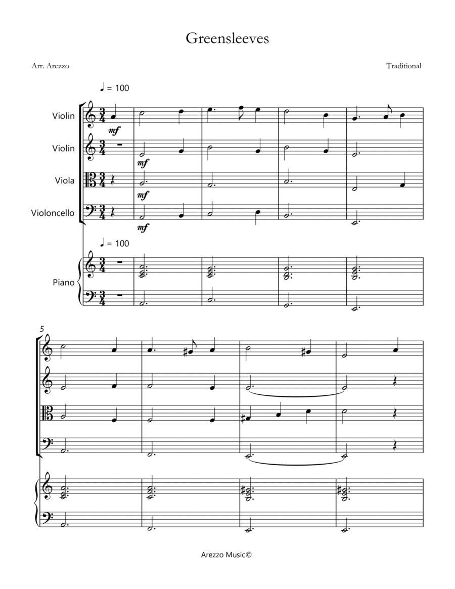 greensleeves for string quartet with piano sheet music image number null