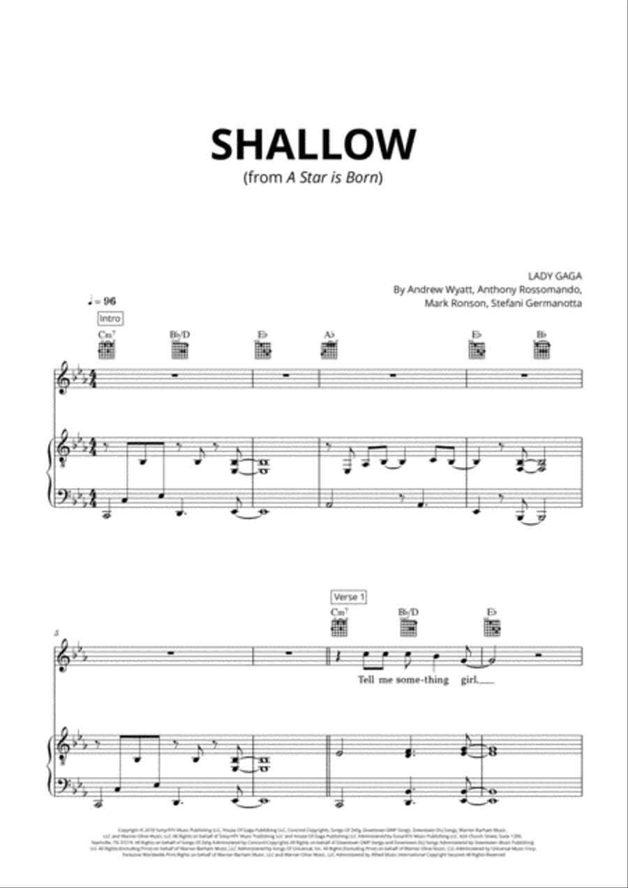 Shallow Piano, Vocal, Guitar scores gallery preview page 1