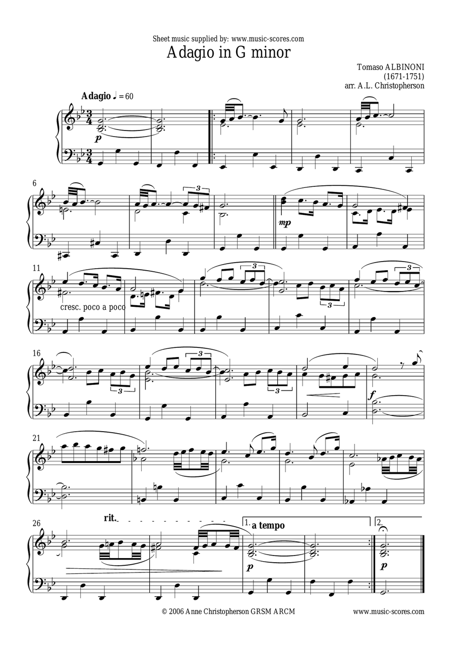 Albinoni Adagio - Piano Piano Solo scores gallery preview page 1