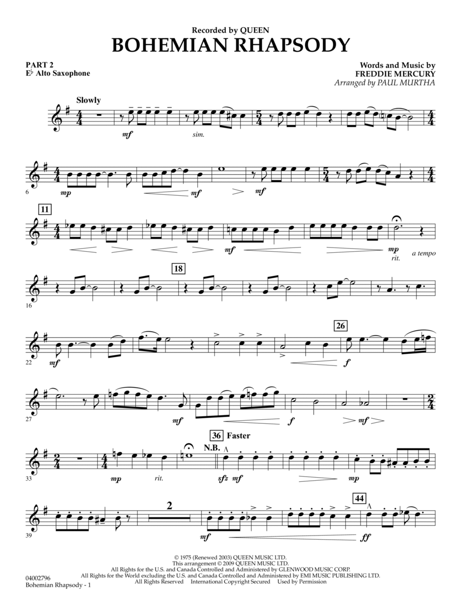 Bohemian Rhapsody - Pt.2 - Eb Alto Saxophone