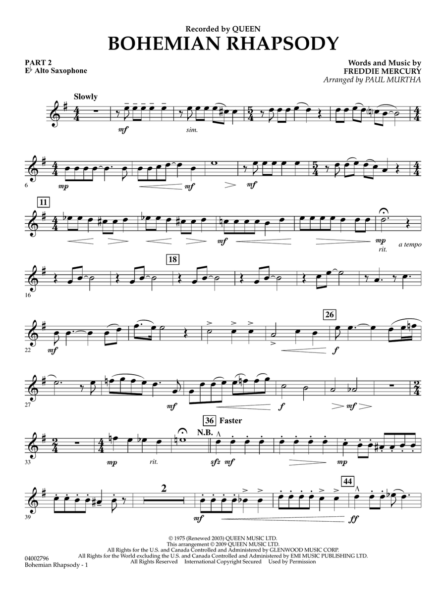 Book cover for Bohemian Rhapsody - Pt.2 - Eb Alto Saxophone