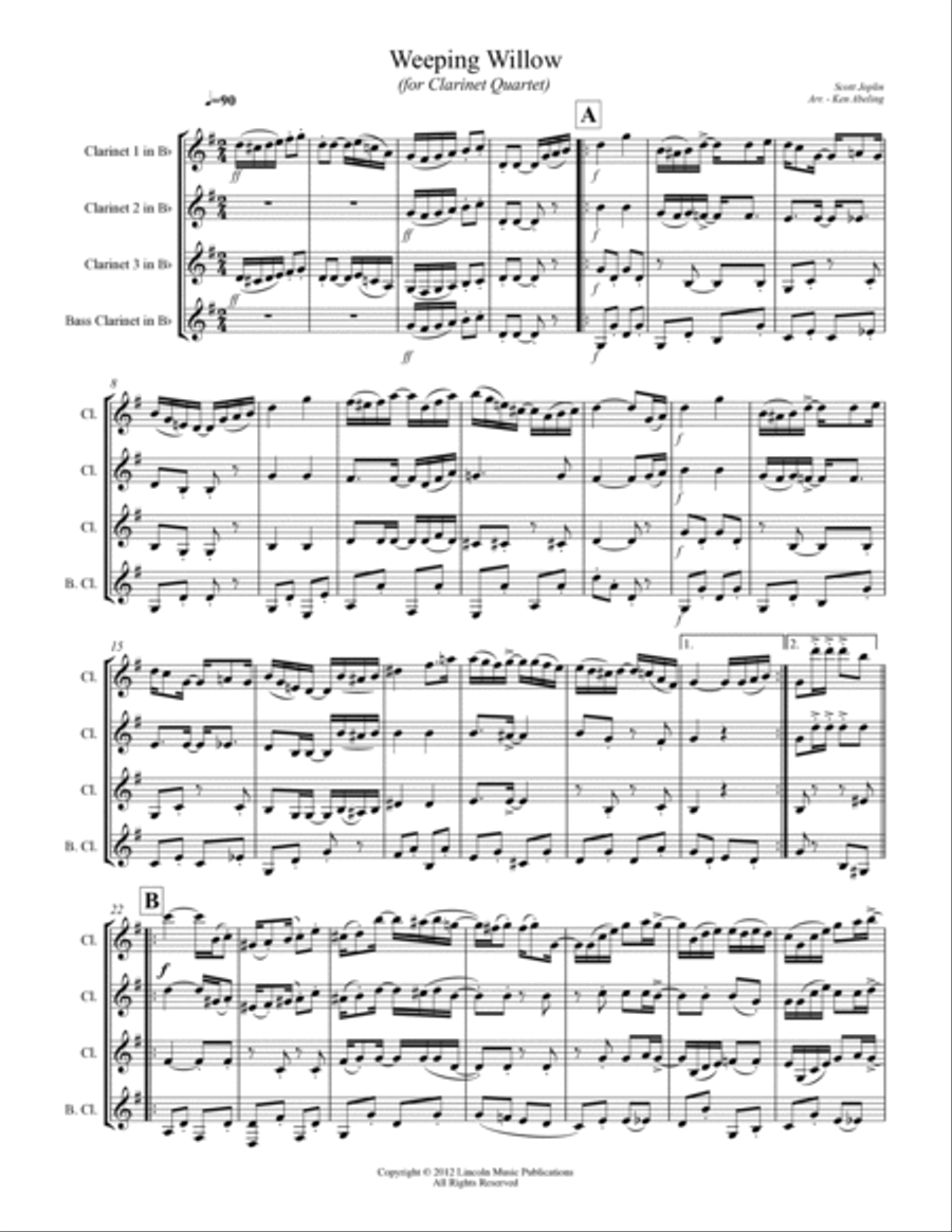 Joplin - “Weeping Willow” (for Clarinet Quartet) Clarinet Quartet scores gallery preview page 2