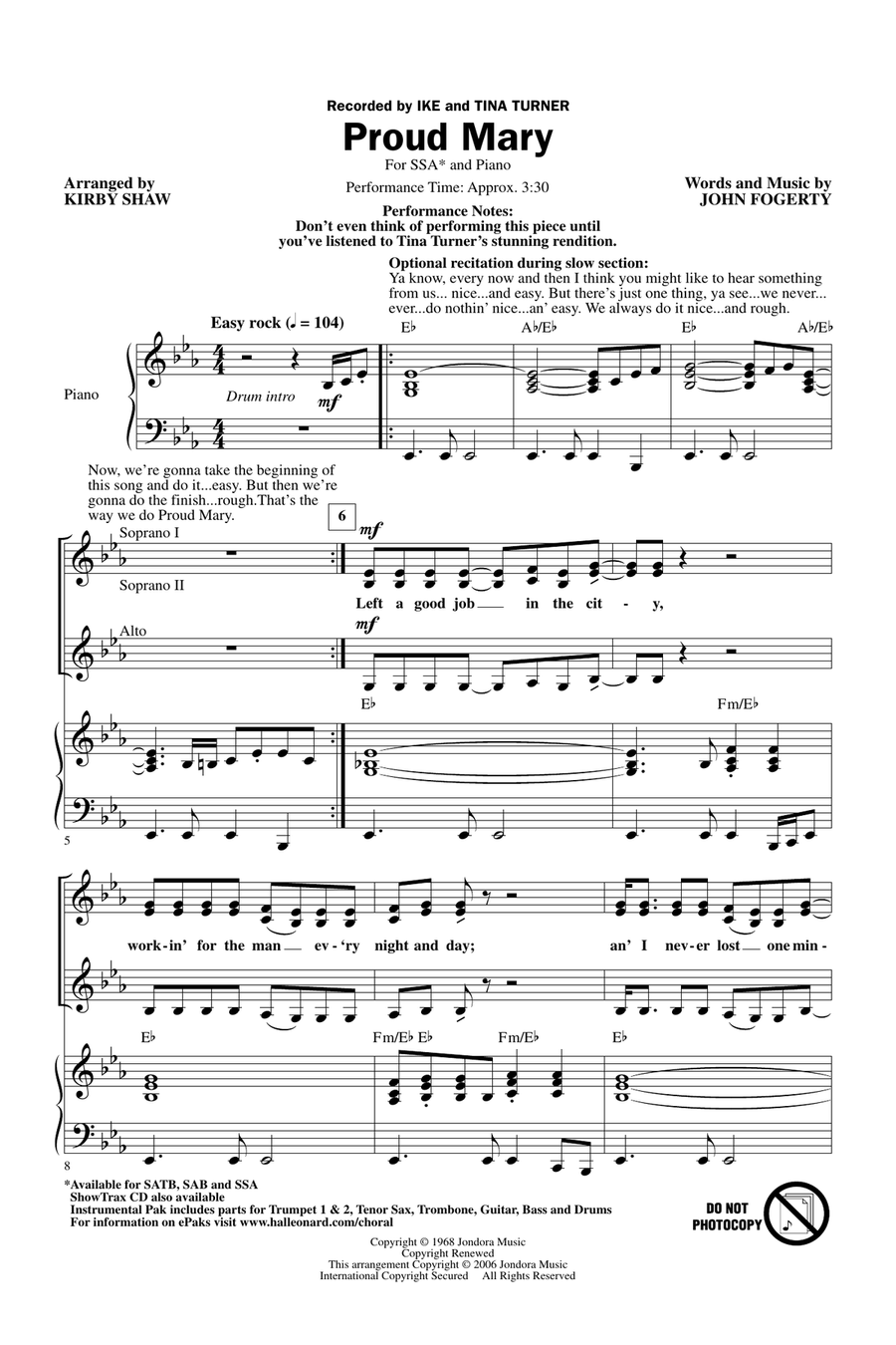 Proud Mary (arr. Kirby Shaw) SSA scores gallery preview page 1
