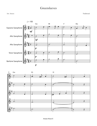 greensleeves for saxophone quintet with chord symbols sheet music