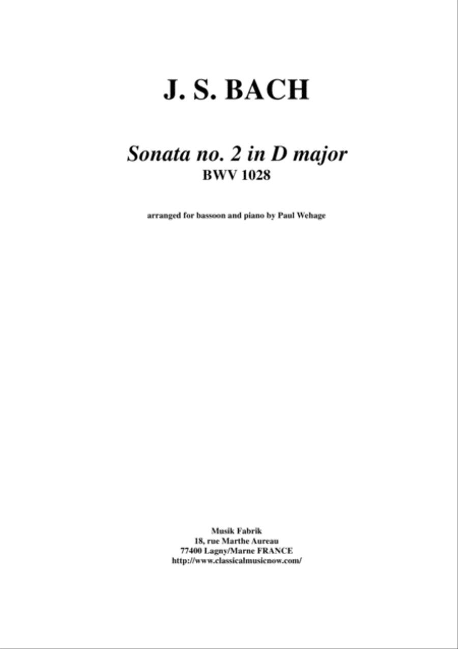 J. S. Bach: Viola da Gamba Sonata no. II in D major, BWV 1028, arranged for bassoon and piano Bassoon scores gallery preview page 1