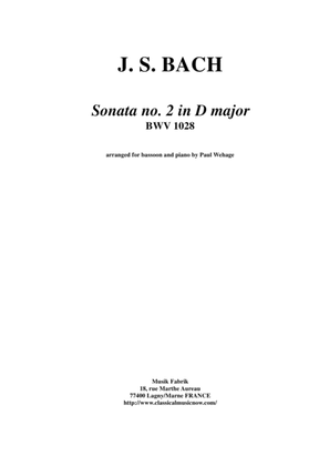 Book cover for J. S. Bach: Viola da Gamba Sonata no. II in D major, BWV 1028, arranged for bassoon and piano