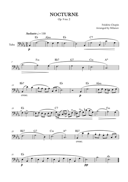 Chopin Nocturne op. 9 no. 2 | Tuba | E-flat Major | Chords | Easy beginner image number null