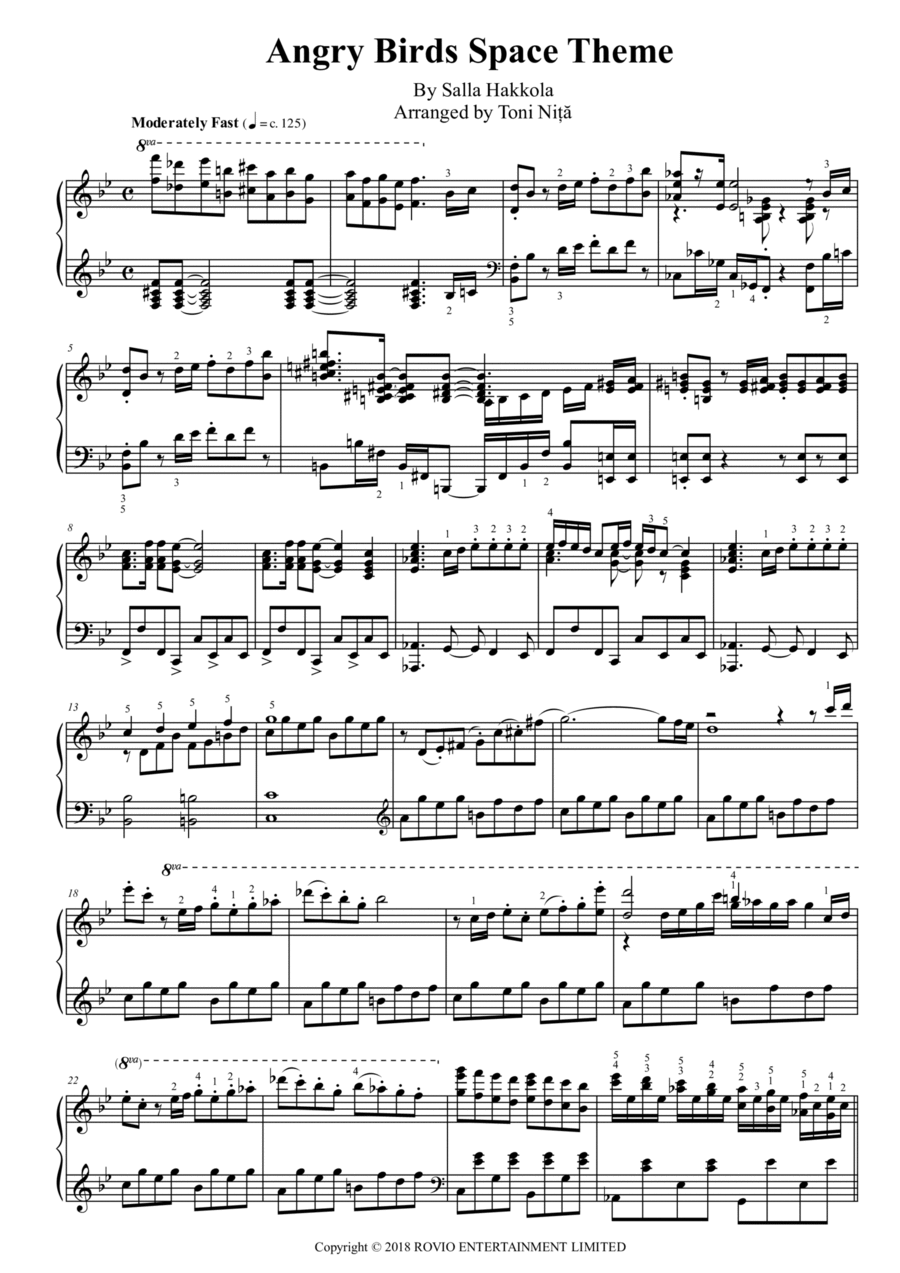 Angry Birds Space Theme Piano Solo scores gallery preview page 1