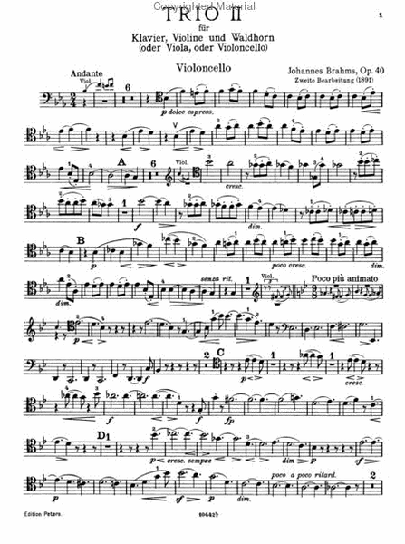 Trio, Opus 40 by Johannes Brahms Cello - Sheet Music