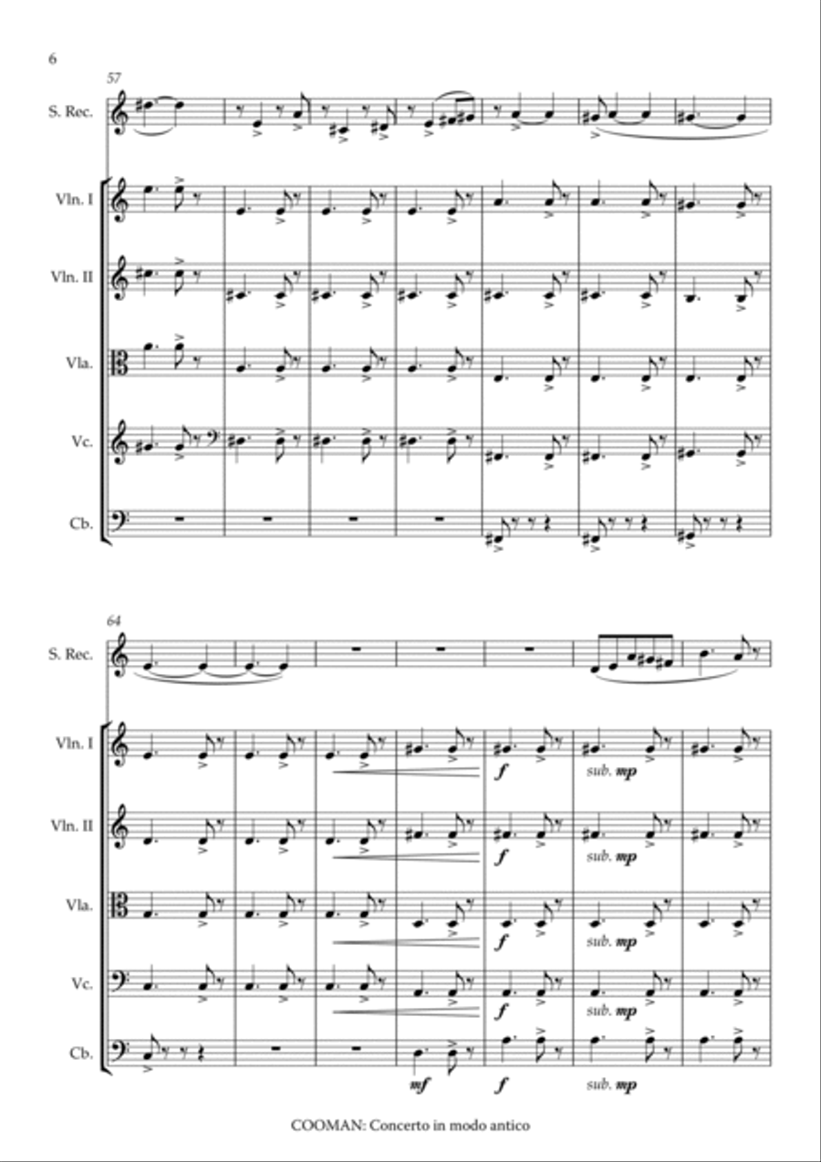 Carson Cooman : Concerto in modo antico (2011) for recorder (soprano or tenor) and strings, score, s