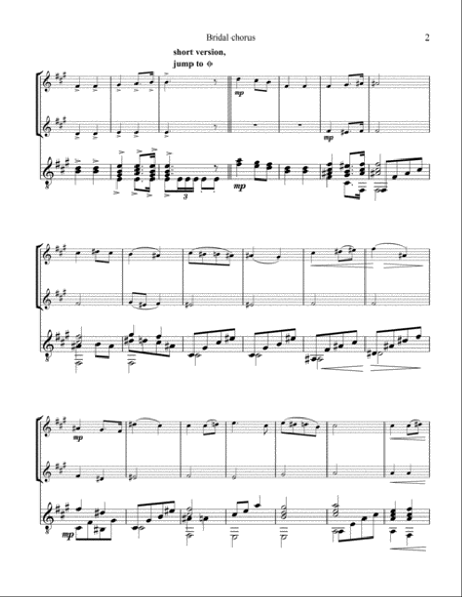 Bridal Chorus / Here Comes the Bride! for violin duet and guitar (A Major)