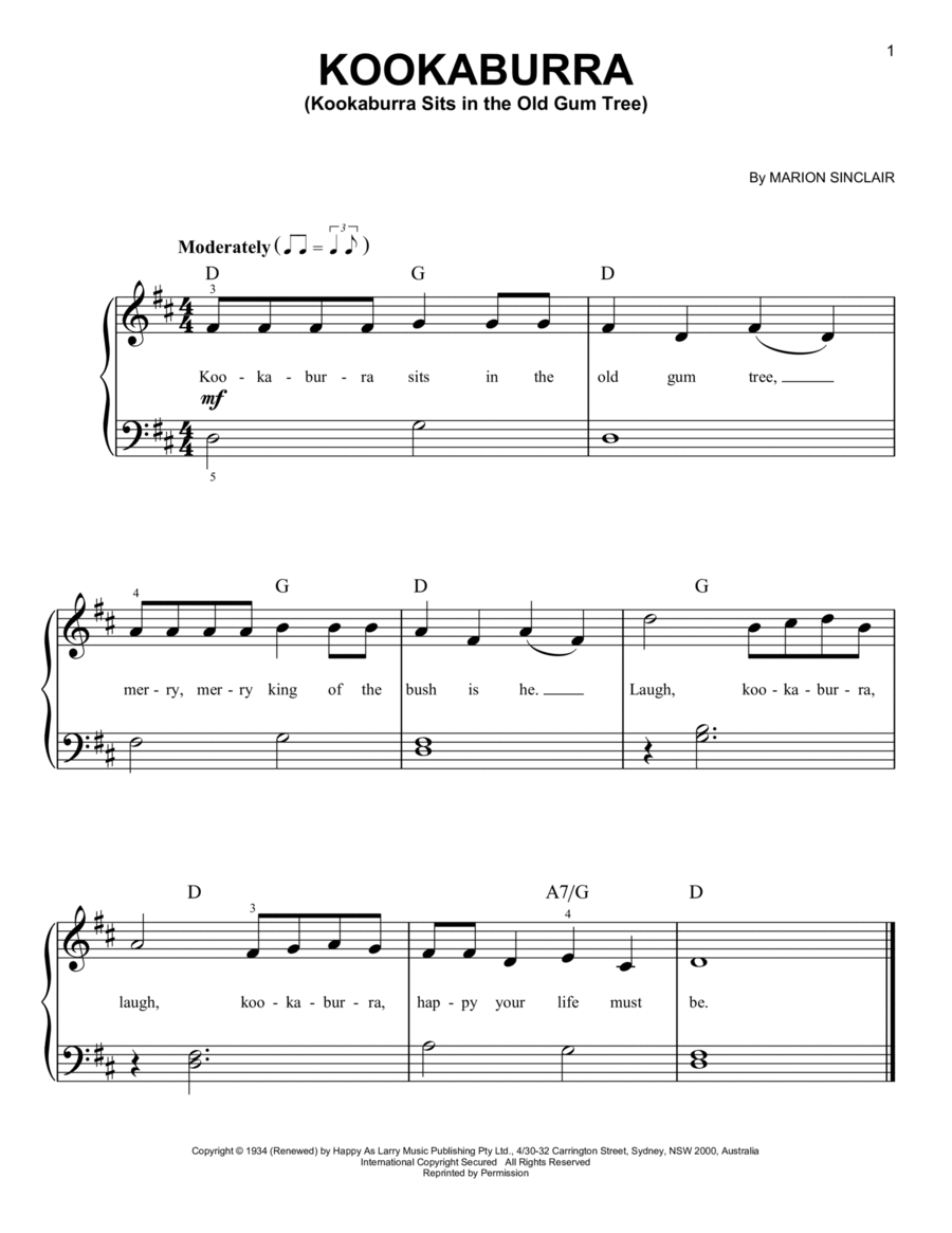 Kookaburra (Kookaburra Sits In The Old Gum Tree) Easy Piano scores gallery preview page 1