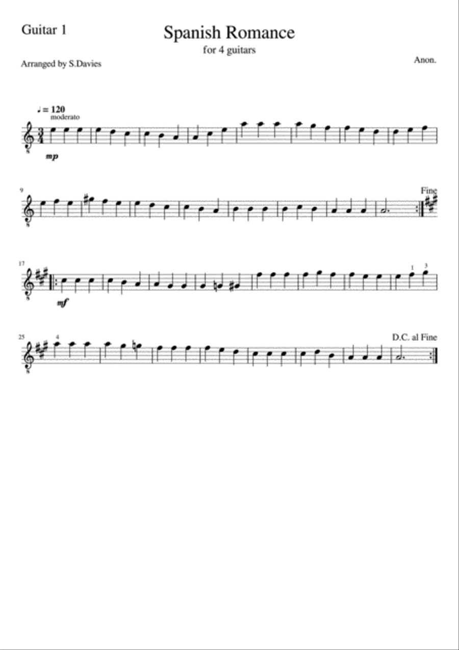 Spanish Romance (for beginner guitar ensemble) Guitar Ensemble scores gallery preview page 3