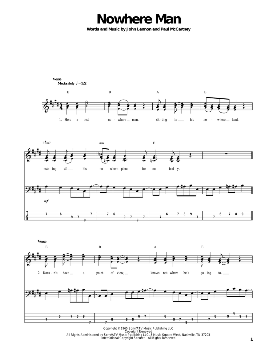Nowhere Man Nowhere Man Bass Guitar Tablature scores gallery preview page 1
