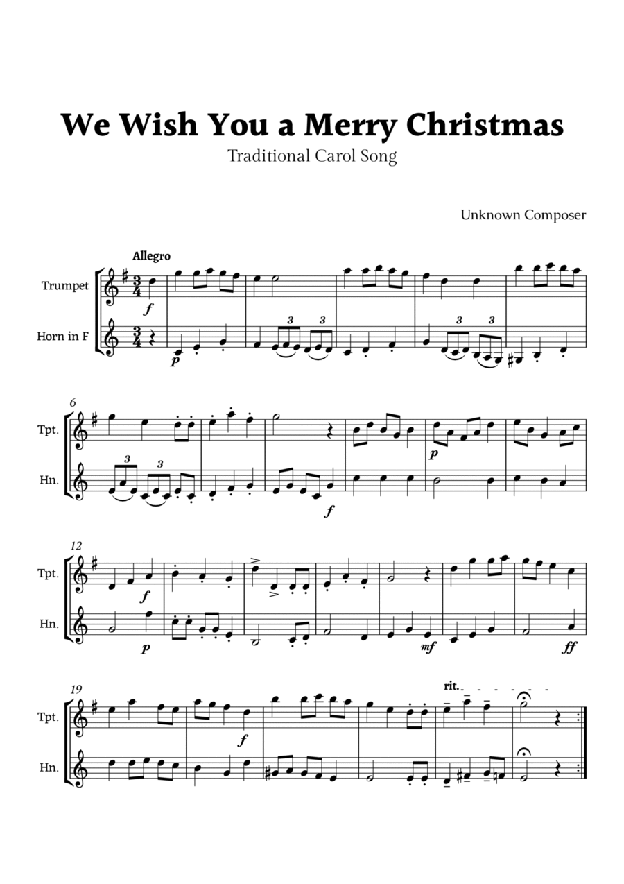 We Wish you a Merry Christmas for Trumpet and French Horn Duet Brass Duet scores gallery preview page 1