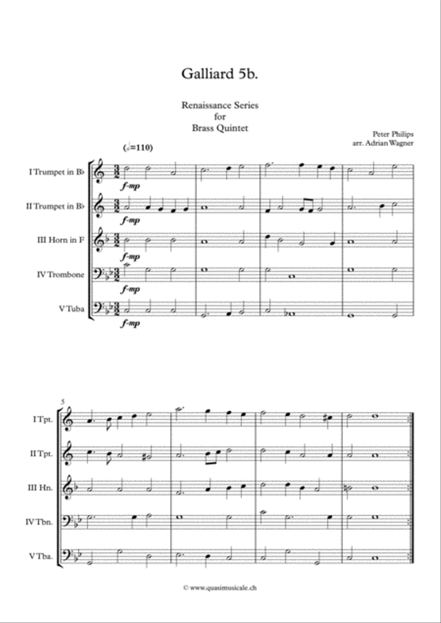 Galliard 5b. (Peter Philips) Brass Quintet arr. Adrian Wagner Brass Quintet scores gallery preview page 2