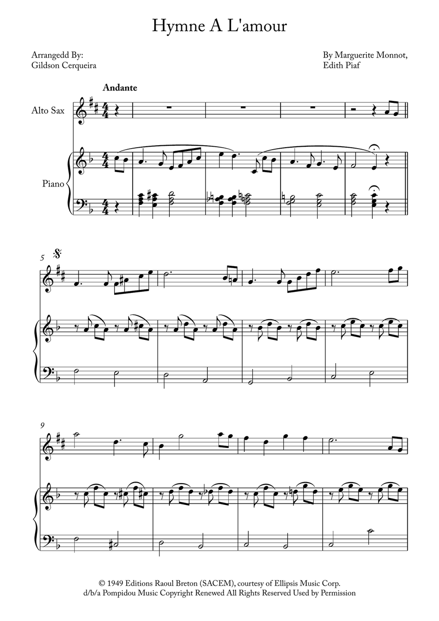 Hymne A L'amour Alto Saxophone scores gallery preview page 1