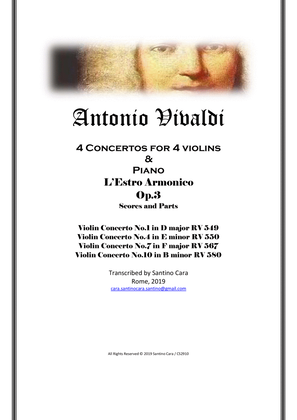 Book cover for Vivaldi - 4 Concertos - L'Estro Armonico Op.3 - For 4 Violins and Piano - Scores and Parts