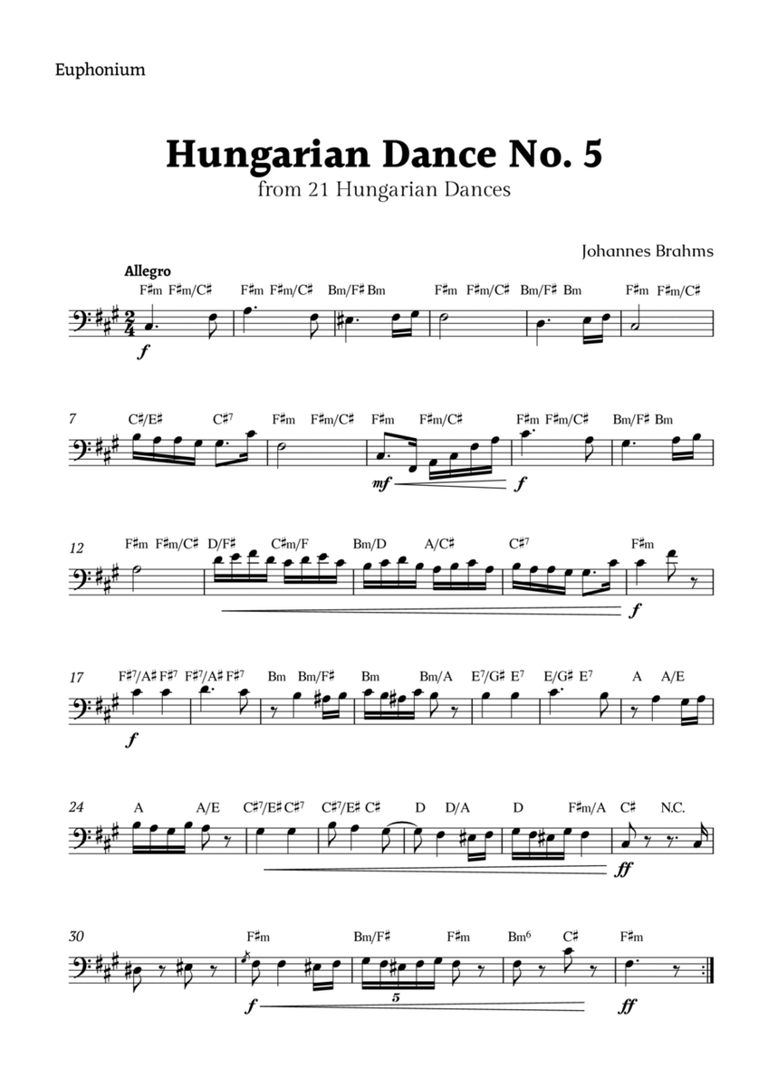 Hungarian Dance No. 5 by Brahms for Euphonium Solo with Chords image number null