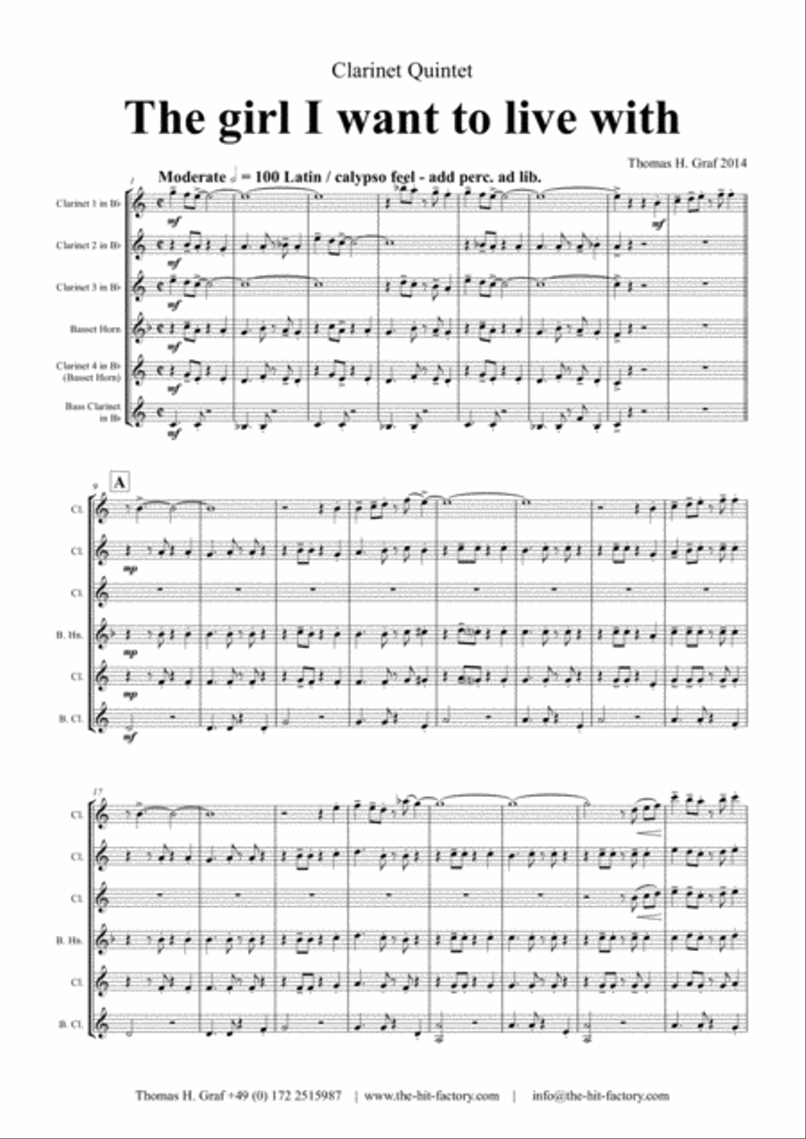 The girl I want to live with - Latin/Calypso - Clarinet Quintet Clarinet Quintet scores gallery preview page 2