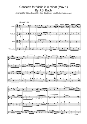 Bach: Concerto for Violin in A minor Mov 1 for String Quartet - Score and Parts