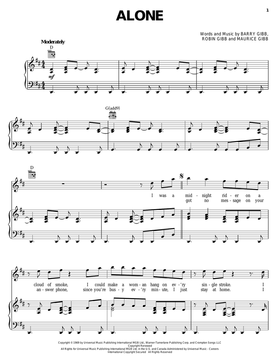 Alone Piano, Vocal, Guitar scores gallery preview page 1