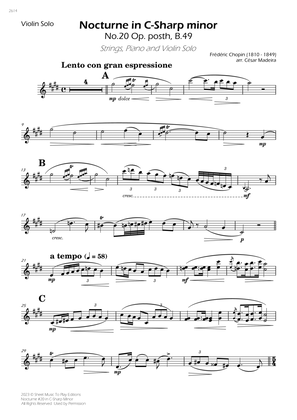 Nocturne No.20 in C Sharp minor - Violin Solo, Strings and Piano (Individual Parts)