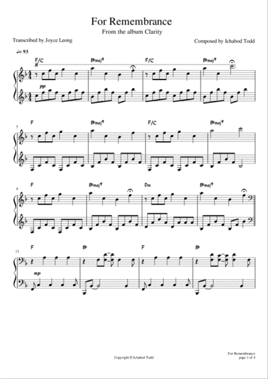 For Remembrance Piano Solo - Digital Sheet Music