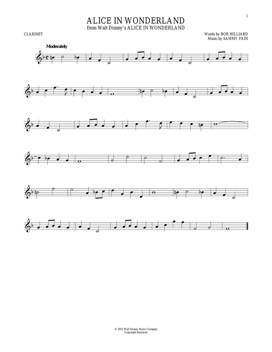 Alice In Wonderland Clarinet Solo scores gallery preview page 1