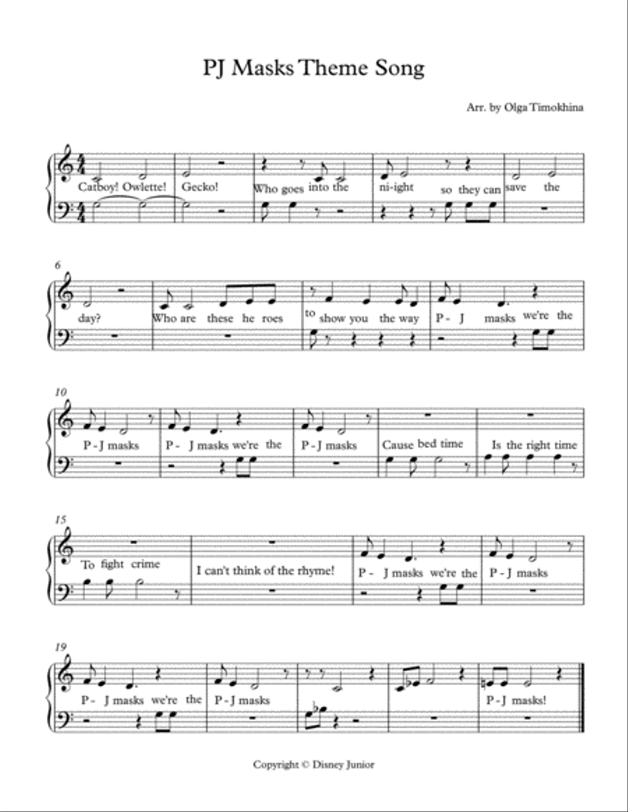 Pj Masks Theme Song Easy Piano scores gallery preview page 1