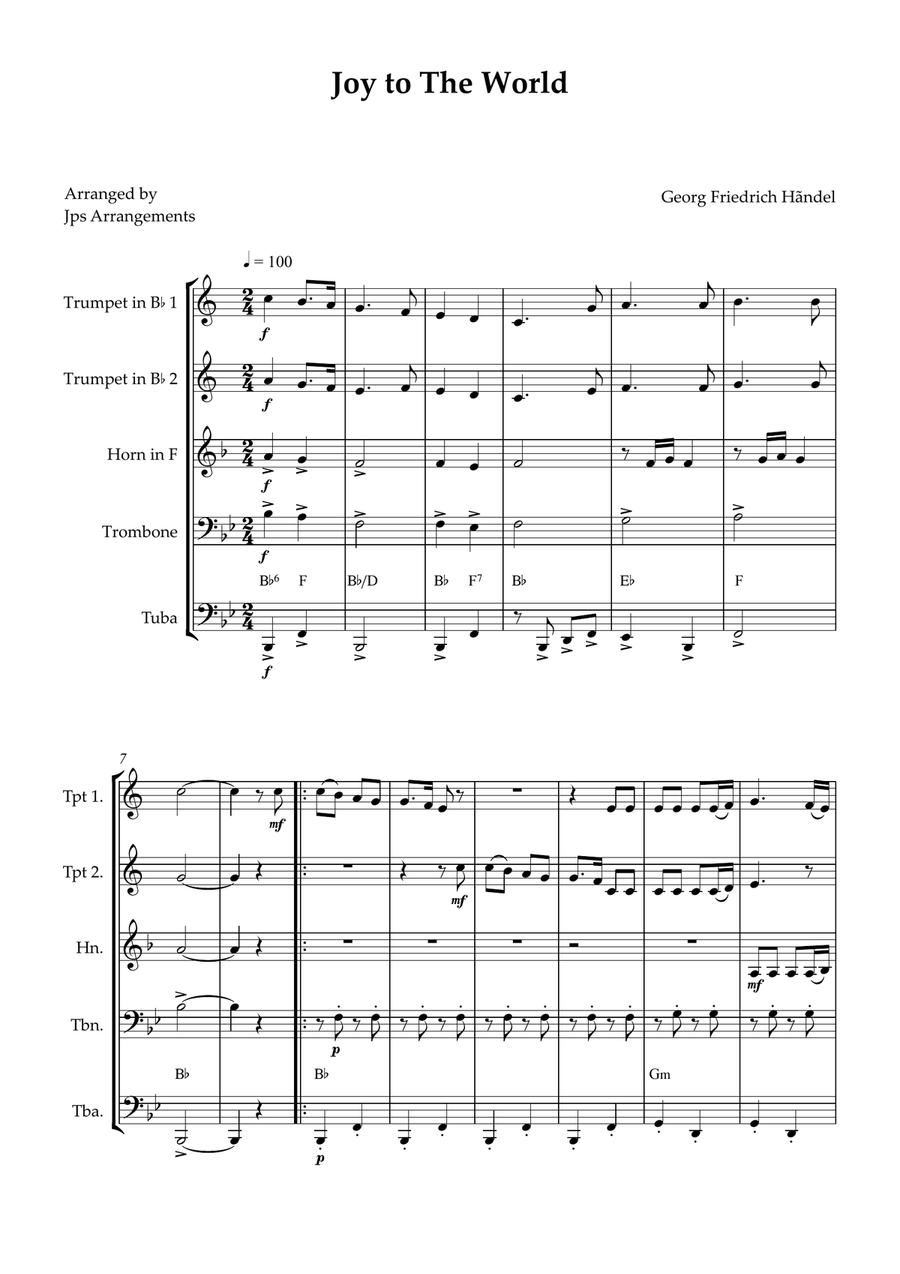 Joy To The World brass quintet intermediate Brass Quintet scores gallery preview page 1